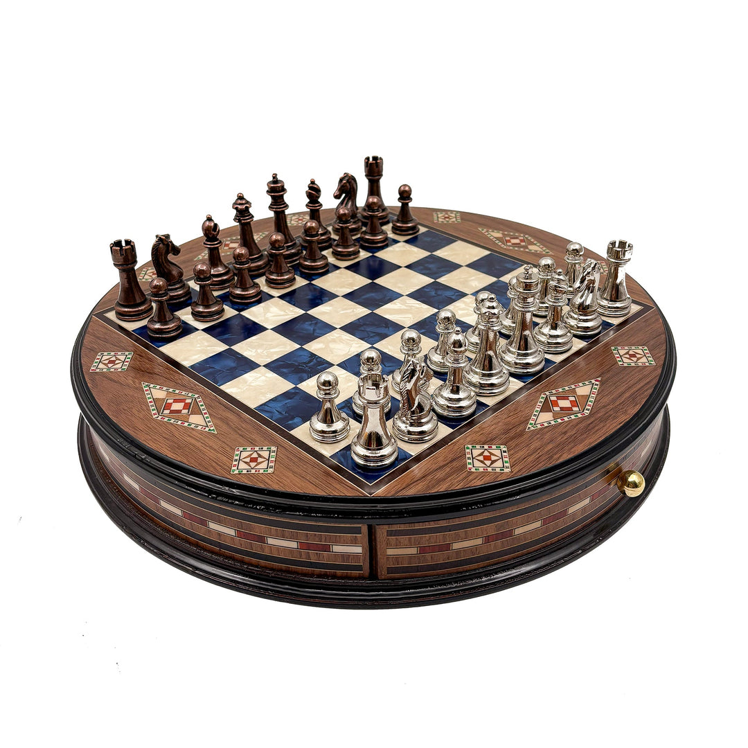 Luxury Round Rosewood & Walnut Chess Set With Metal Pieces My Chess Sets