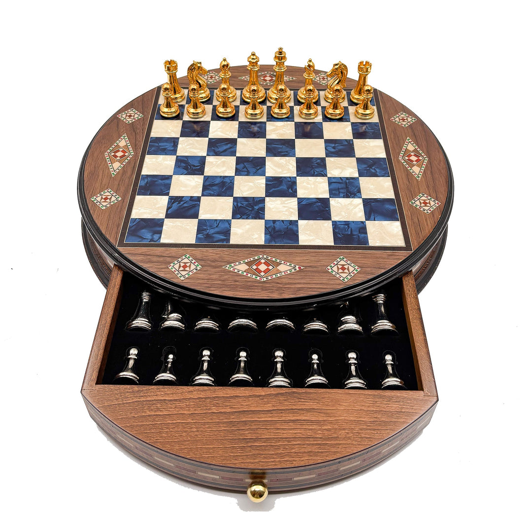 Luxury Round Rosewood & Walnut Chess Set With Metal Pieces My Chess Sets