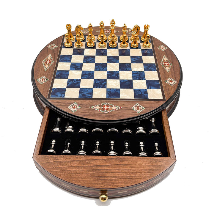 Luxury Round Rosewood & Walnut Chess Set With Metal Pieces My Chess Sets