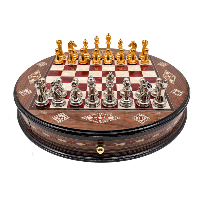 Luxury Round Rosewood & Walnut Chess Set With Metal Pieces My Chess Sets