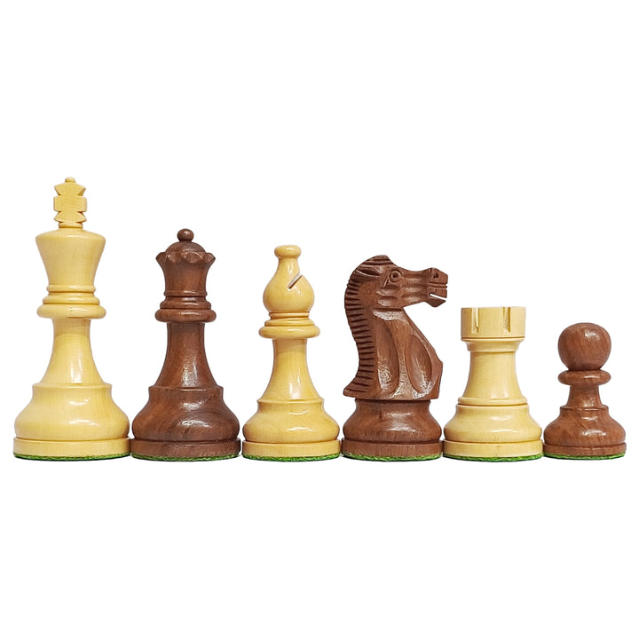 Classic Staunton chess pieces in dark rosewood and light boxwood, showcasing king, queen, bishop, knight, rook, and pawn.