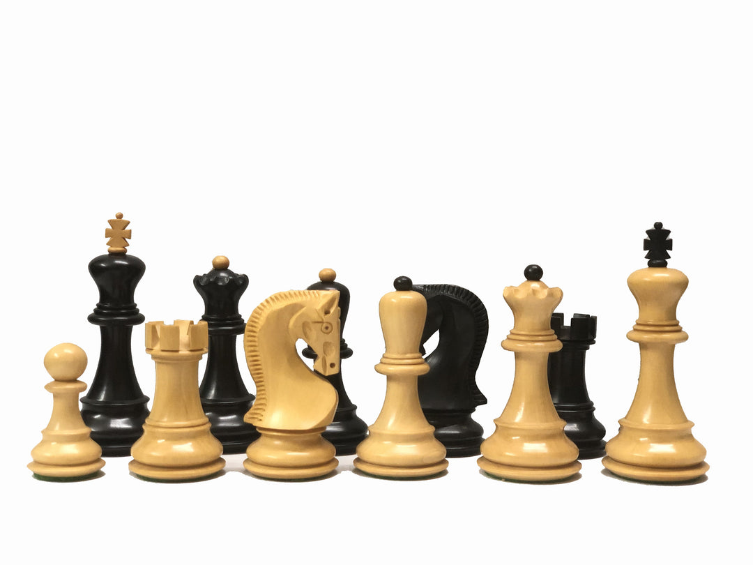Luxury Russian Zagreb chess pieces set in boxwood and ebonized wood, featuring 3.7 inch king.
