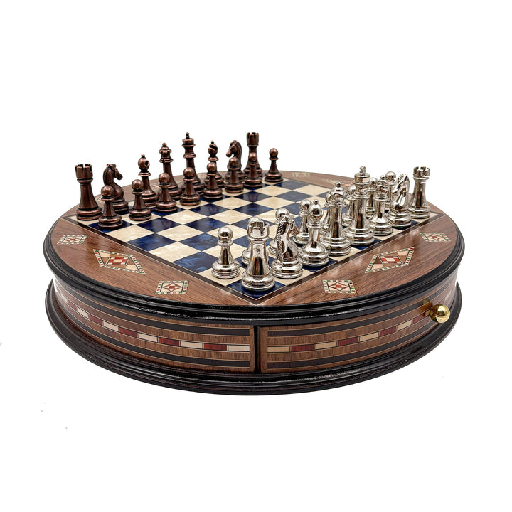 Luxury Round Rosewood & Walnut Chess Set With Metal Pieces My Chess Sets