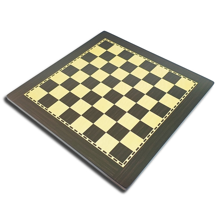 Handcrafted wooden chess board with black and cream squares, featuring an elegant wood-grain finish, ideal for all players.