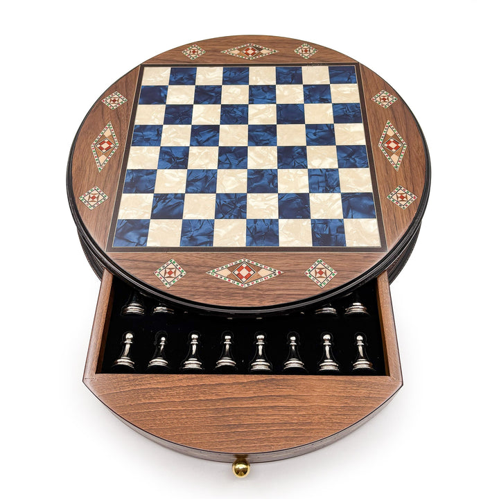 Luxury Round Rosewood & Walnut Chess Set With Metal Pieces My Chess Sets