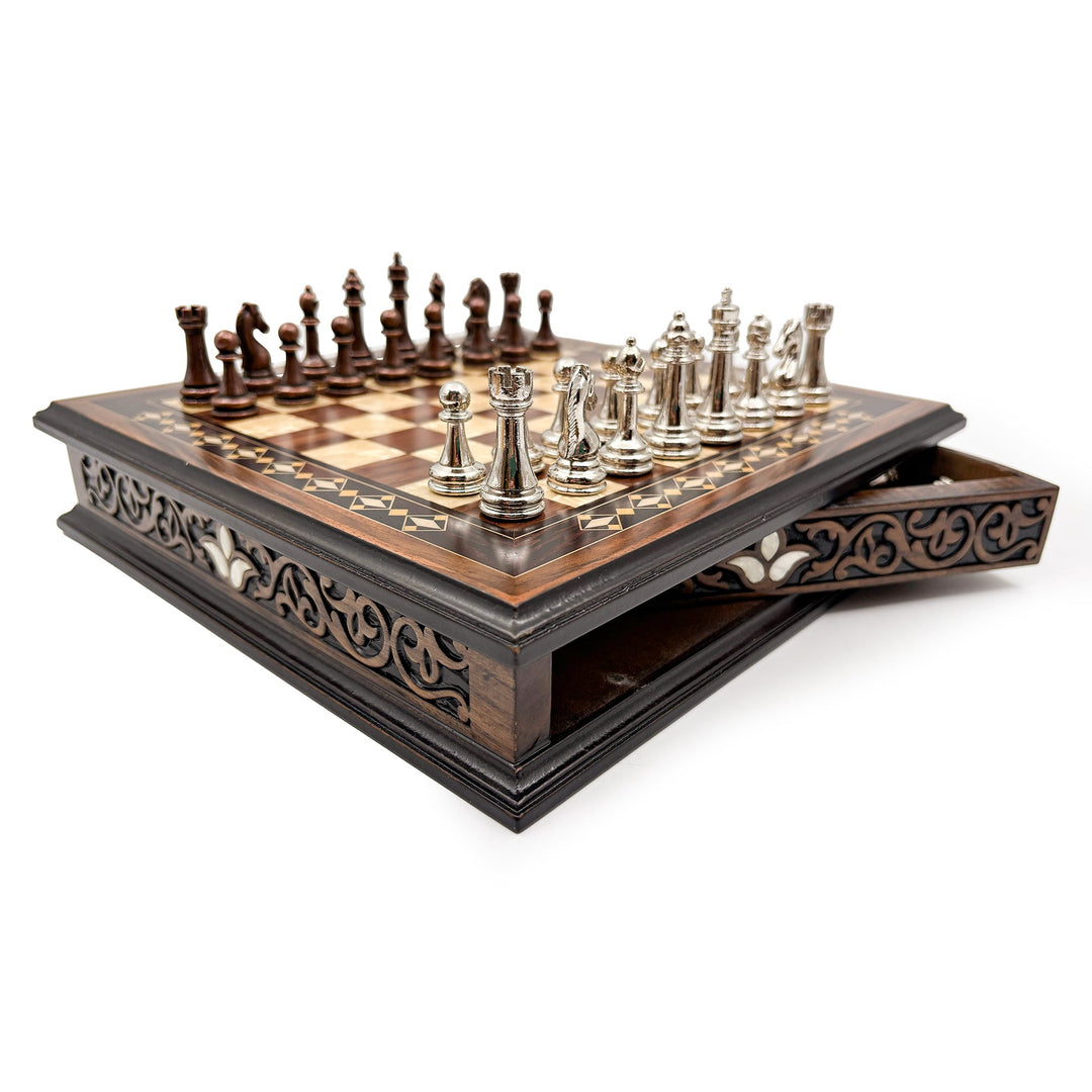 Personalized Handcrafted Wooden Chess Set with Storage Drawer - Walnut & Rosewood My Chess Sets