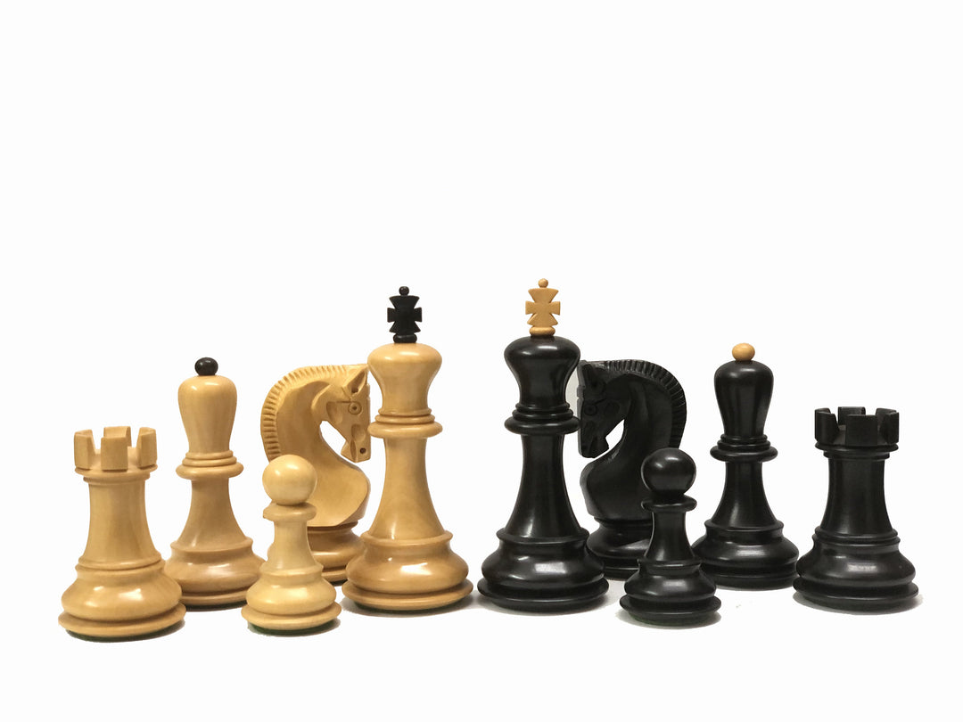 Luxurious Russian Zagreb chess pieces in boxwood and ebonized wood, featuring a 3.7 inch king and extra queens.