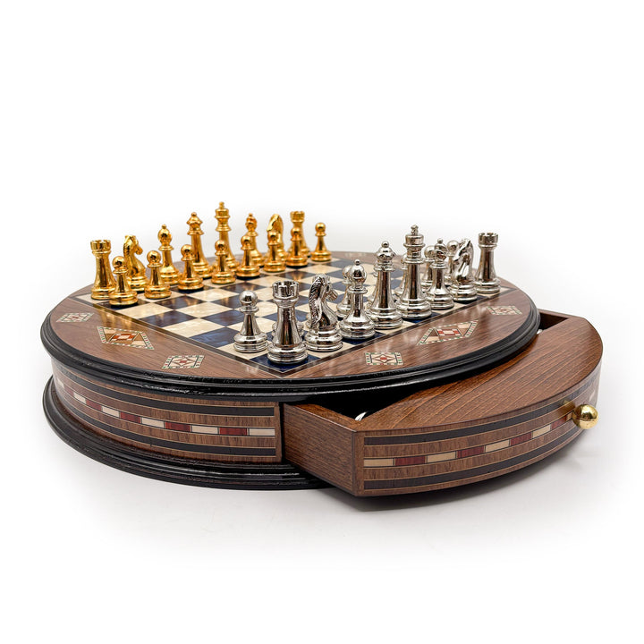 Luxury Round Rosewood & Walnut Chess Set With Metal Pieces My Chess Sets