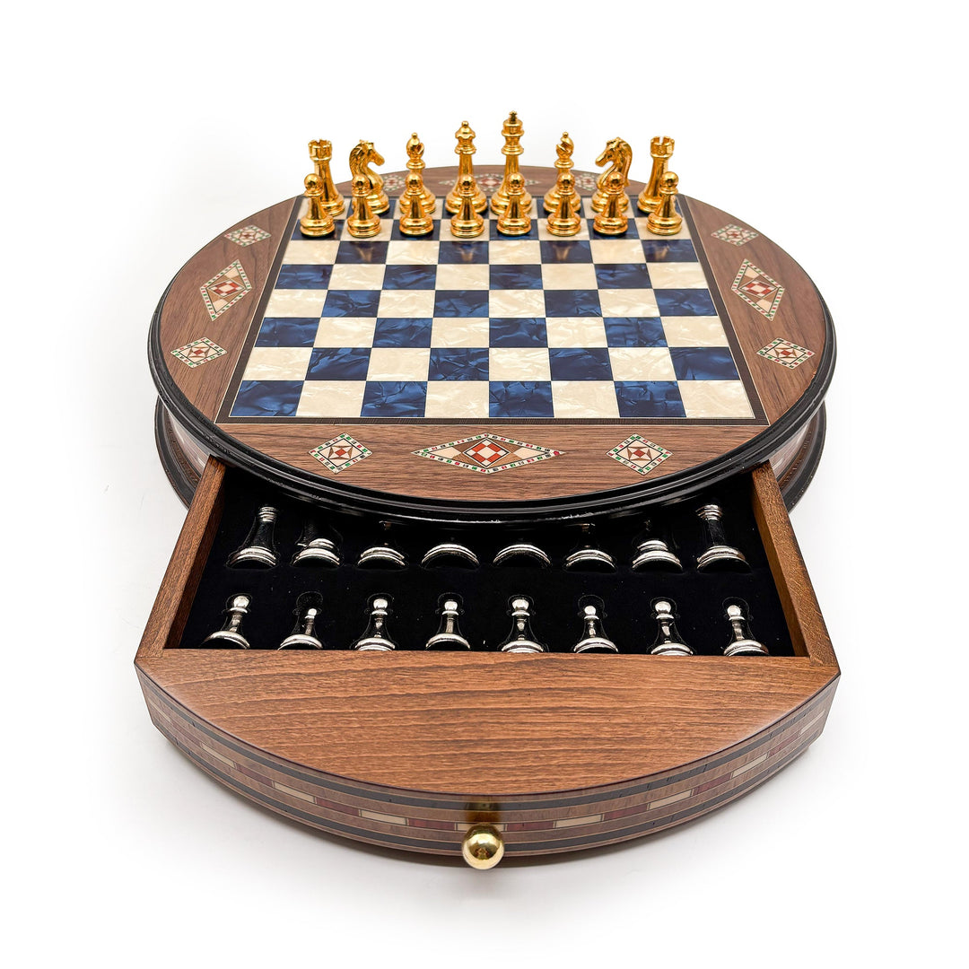 Luxury Round Rosewood & Walnut Chess Set With Metal Pieces My Chess Sets
