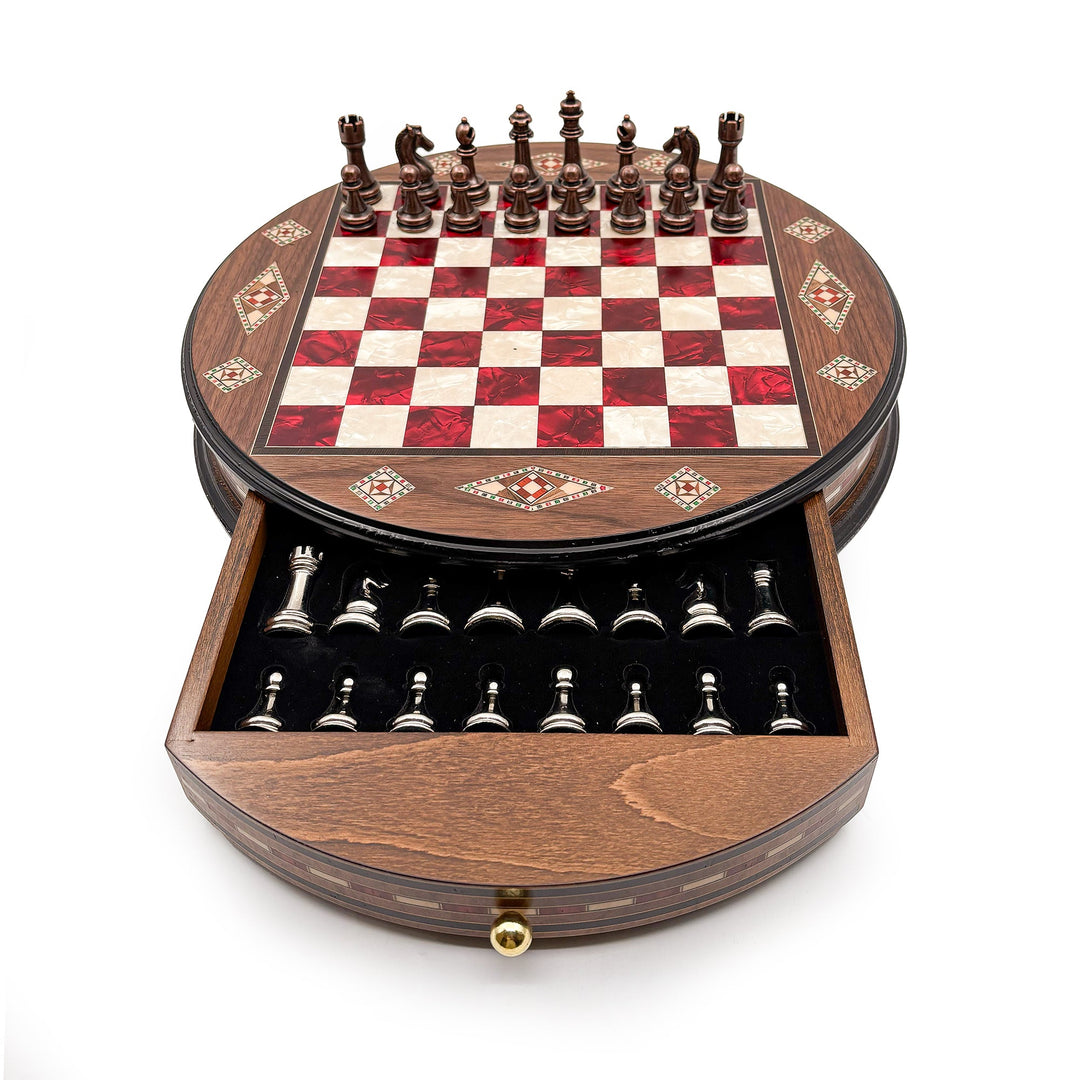 Luxury Round Rosewood & Walnut Chess Set With Metal Pieces My Chess Sets