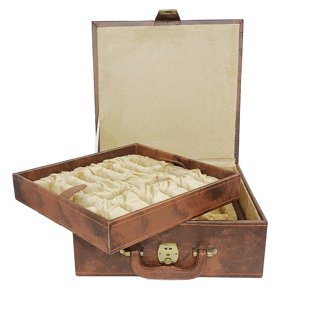 Luxurious handcrafted wooden chess box with a velvet-lined interior for storing chess pieces.