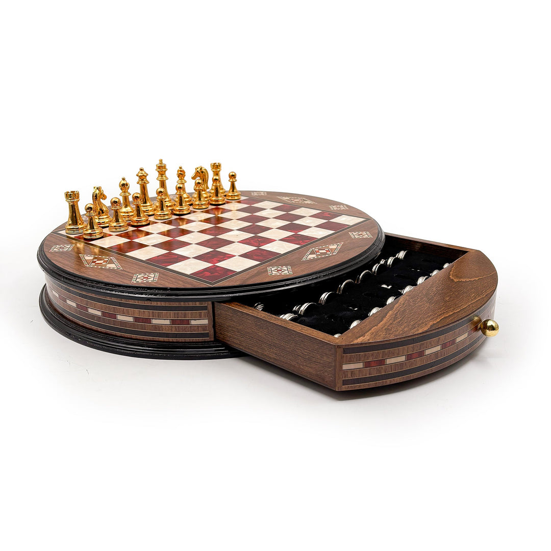 Luxury Round Rosewood & Walnut Chess Set With Metal Pieces My Chess Sets