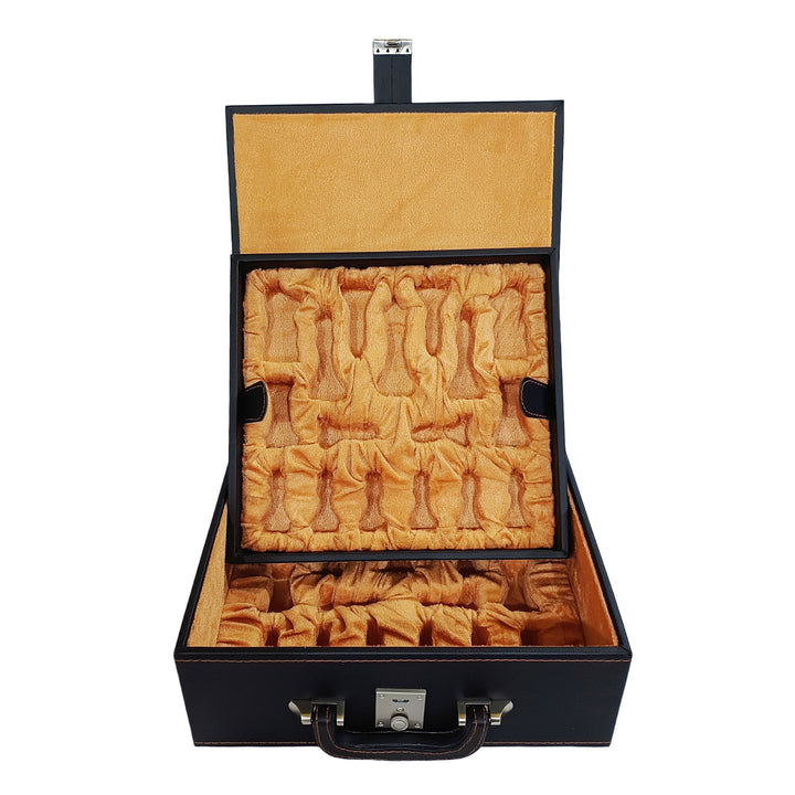 Open leatherette chess storage box with dual trays, showcasing compartments for chess pieces and interior lining.