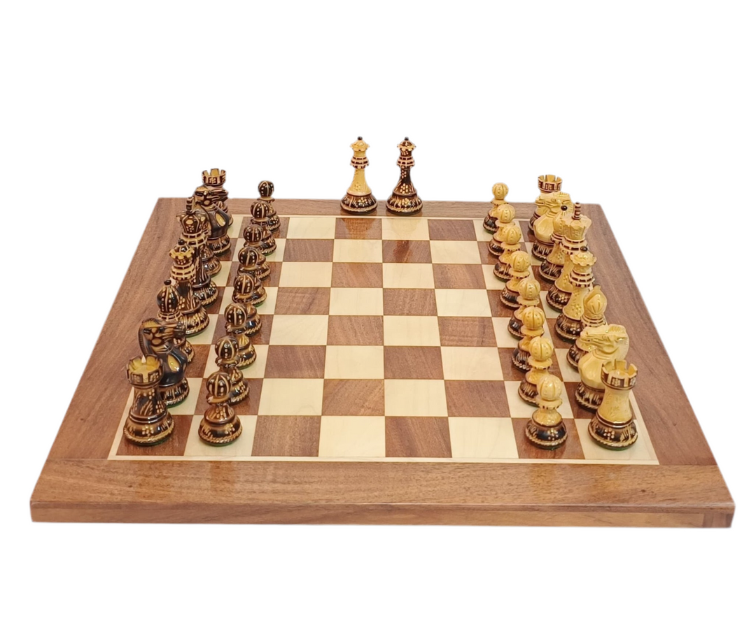 Hand Carved Burnt Staunton Luxury Chess Set on Professional Chess Board with extra queens included.