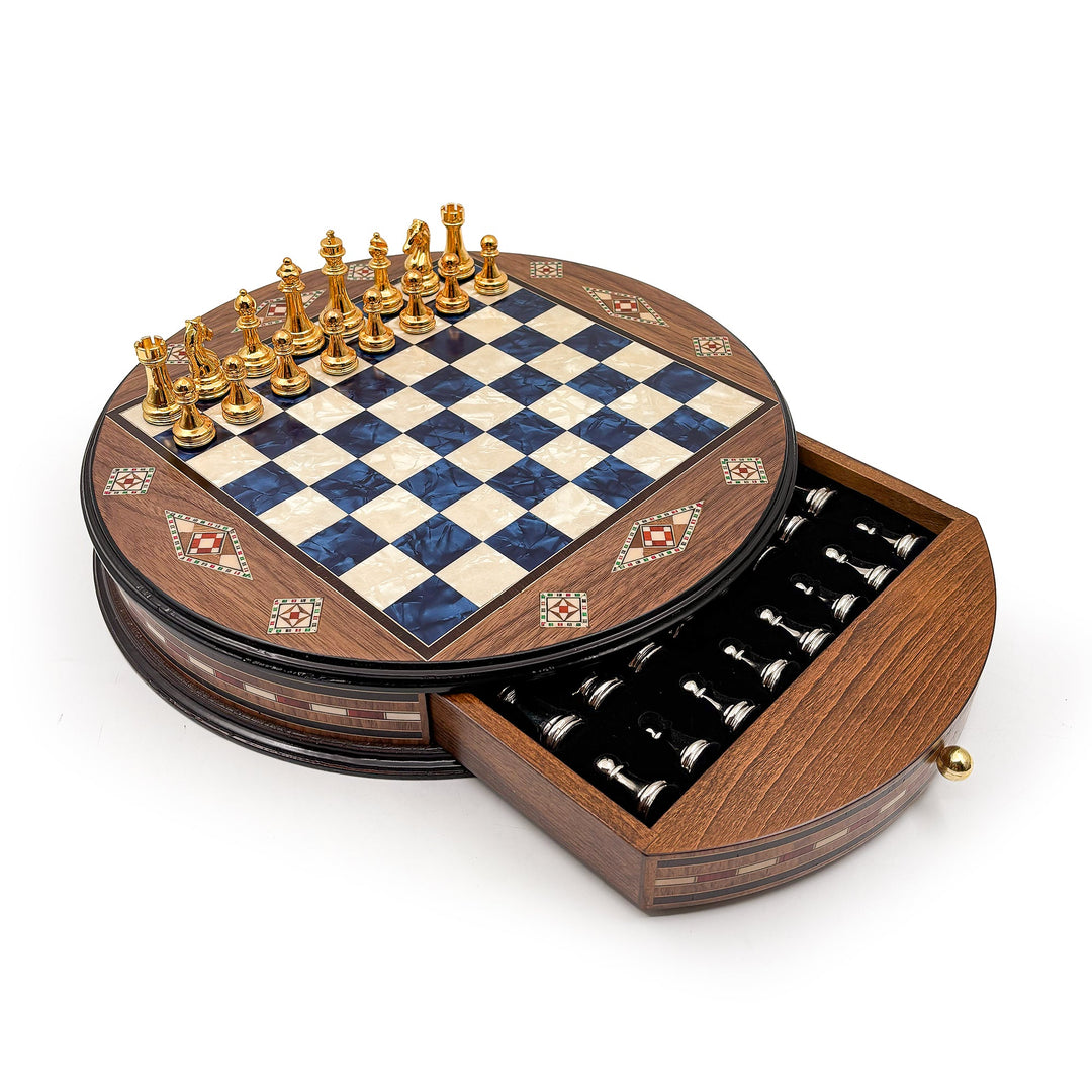 Luxury Round Rosewood & Walnut Chess Set With Metal Pieces My Chess Sets
