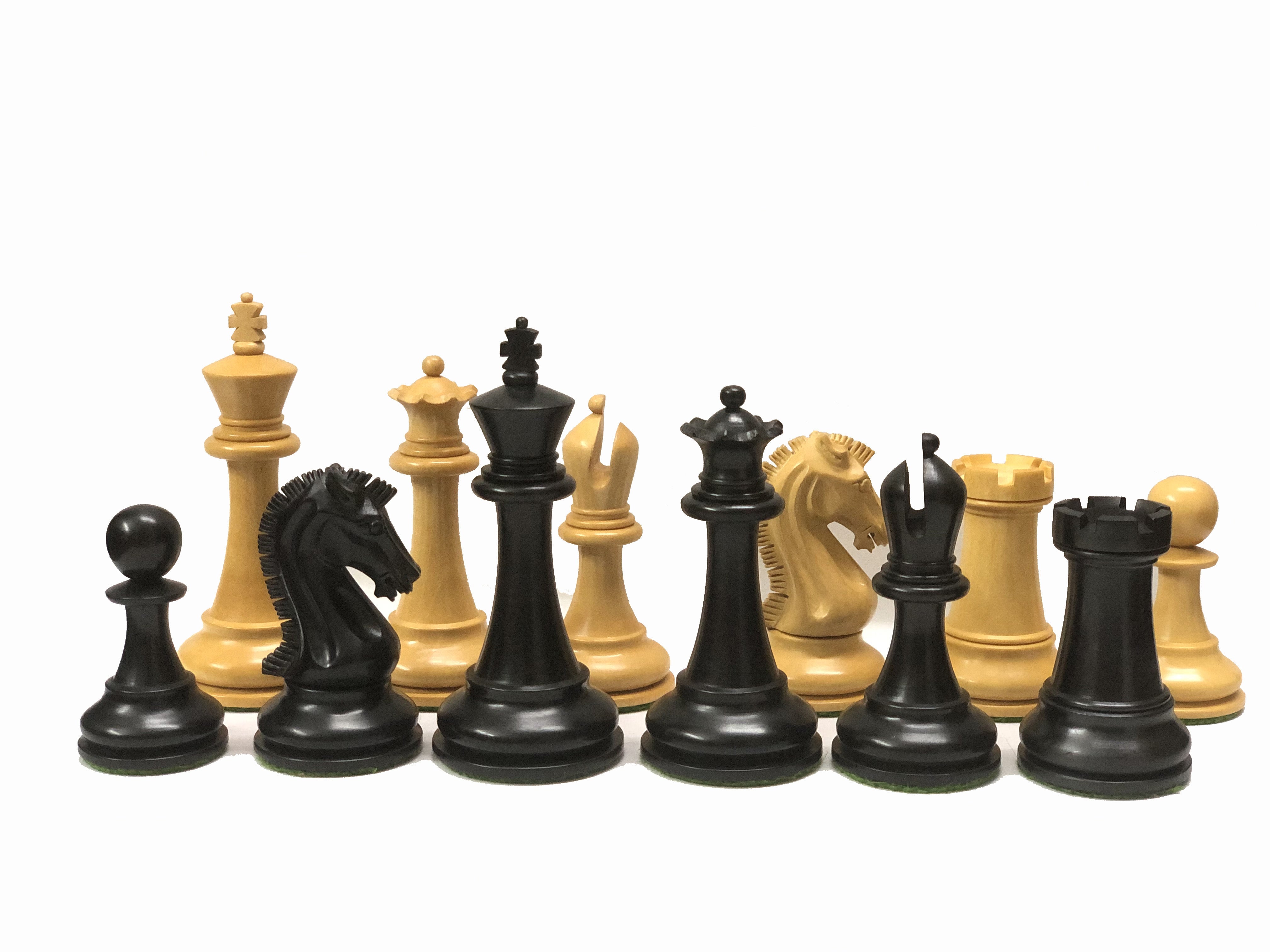 Sinquefield Cup 2019 Luxury Chess Pieces in ebonized and boxwood, showcasing kings, queens, rooks, and knights.