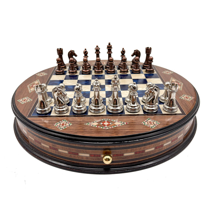 Luxury Round Rosewood & Walnut Chess Set With Metal Pieces My Chess Sets