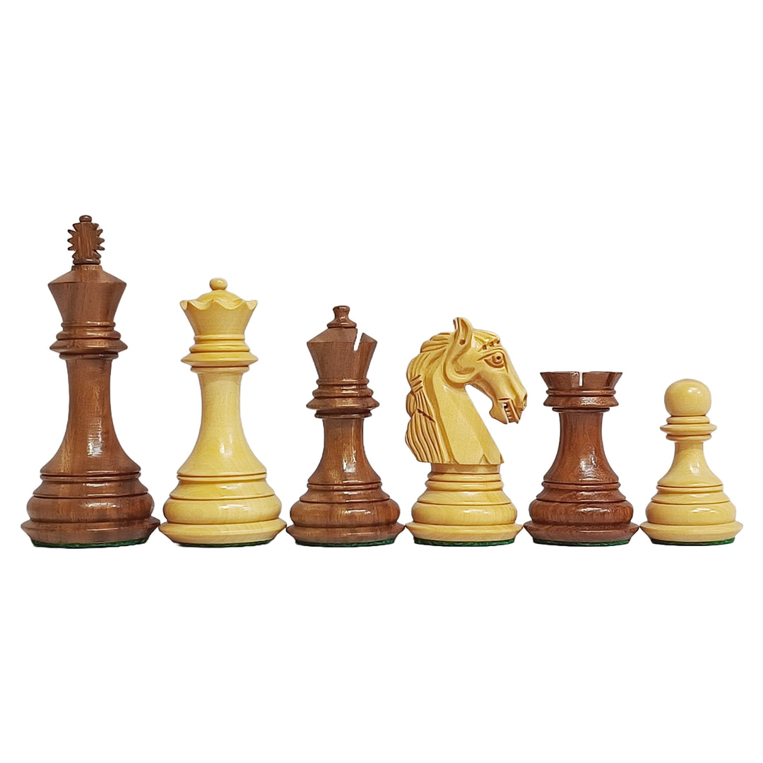 Set of Colombian Staunton chess pieces in boxwood and rosewood, showcasing king, queen, bishop, knight, rook, and pawn.