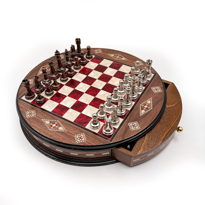 Luxury Round Rosewood & Walnut Chess Set With Metal Pieces My Chess Sets
