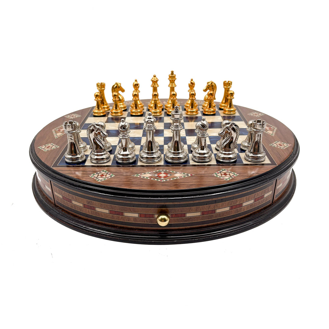 Luxury Round Rosewood & Walnut Chess Set With Metal Pieces My Chess Sets