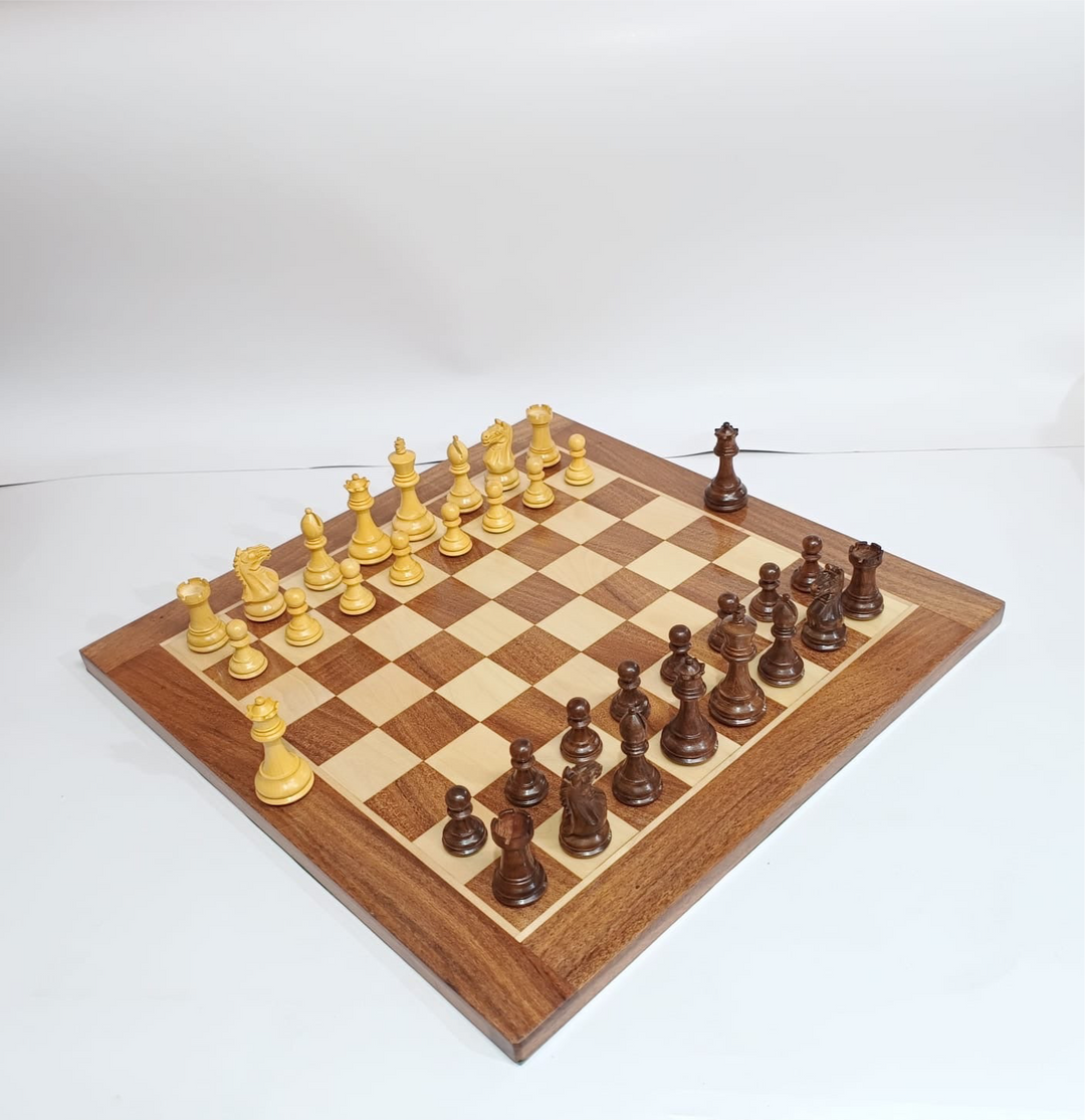 Supreme Fierce Knight Staunton Luxury Chess Set on Acacia wood board with wooden pieces arranged for play.
