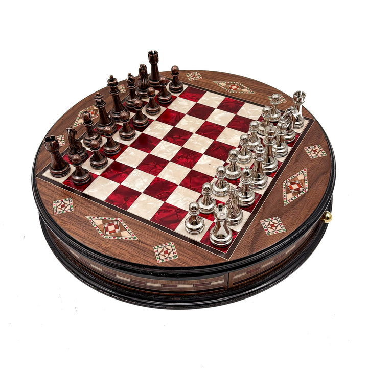 Luxury Round Rosewood & Walnut Chess Set With Metal Pieces My Chess Sets