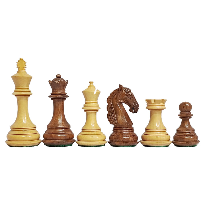 Set of Colombian Staunton chess pieces in boxwood and rosewood, featuring king, queen, bishops, knights, rooks, and pawns.