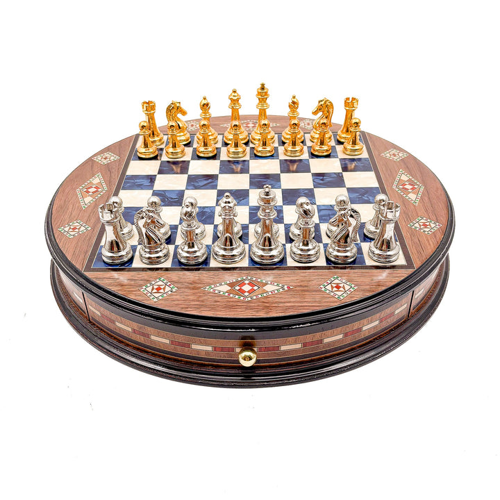 Luxury Round Rosewood & Walnut Chess Set With Metal Pieces My Chess Sets