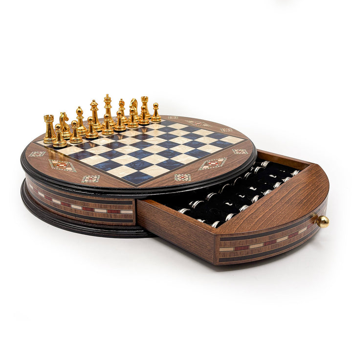 Luxury Round Rosewood & Walnut Chess Set With Metal Pieces My Chess Sets