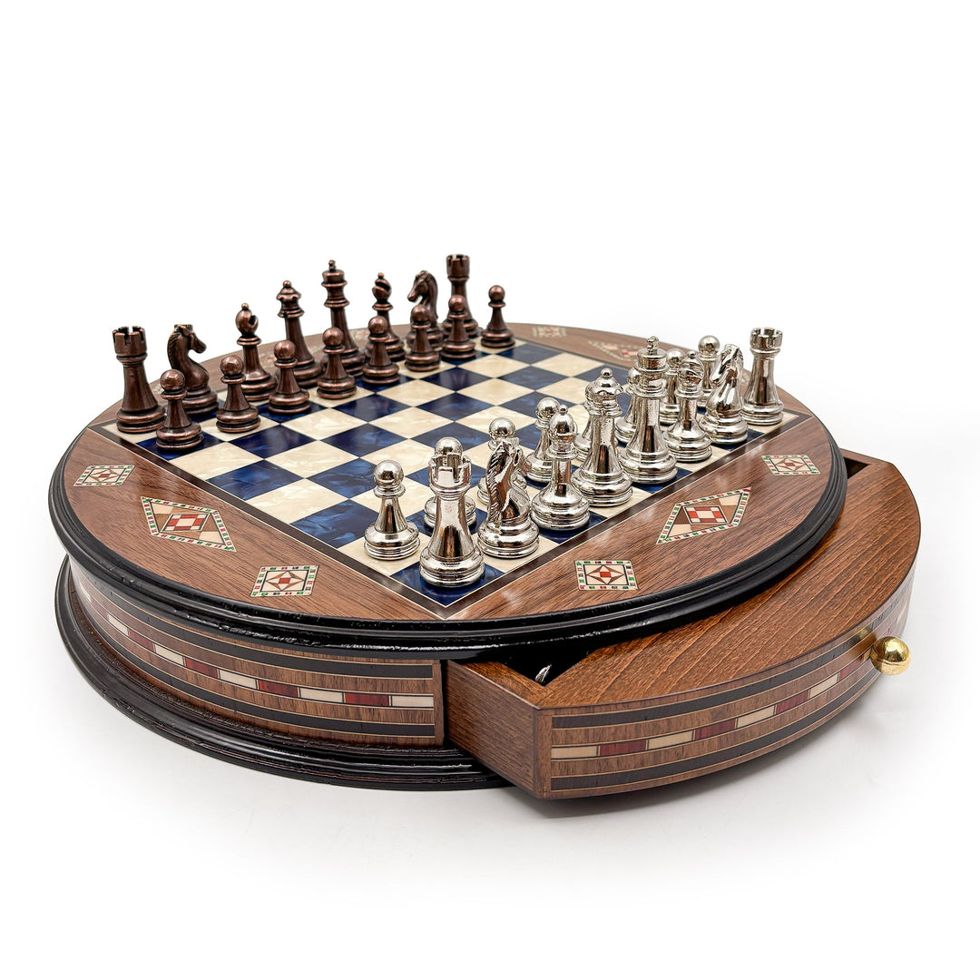 Luxury Round Rosewood & Walnut Chess Set With Metal Pieces My Chess Sets