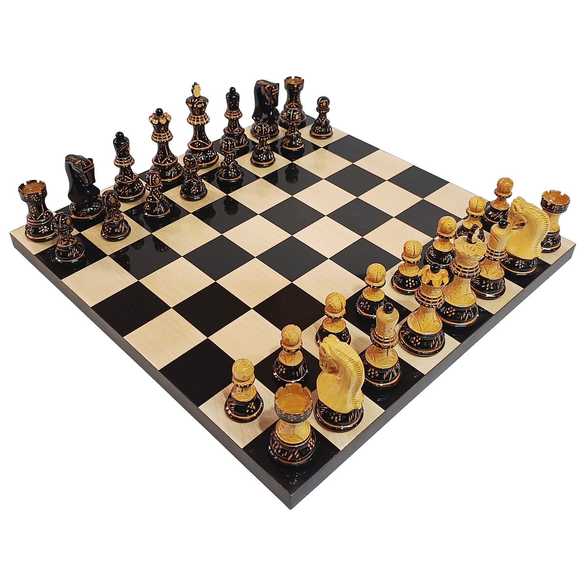 Russian Zagreb Burnt Hand-Carved Chess Set (3.9″ King) with 16″ Ebony & Maple Luxury Board – 50mm Squares My Chess Sets