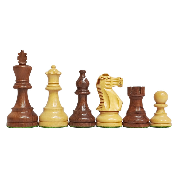 Classic Staunton chess pieces in golden rosewood and boxwood, showcasing king, queen, bishop, knight, rook, and pawn.