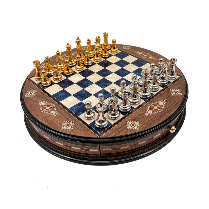 Luxury Round Rosewood & Walnut Chess Set With Metal Pieces My Chess Sets