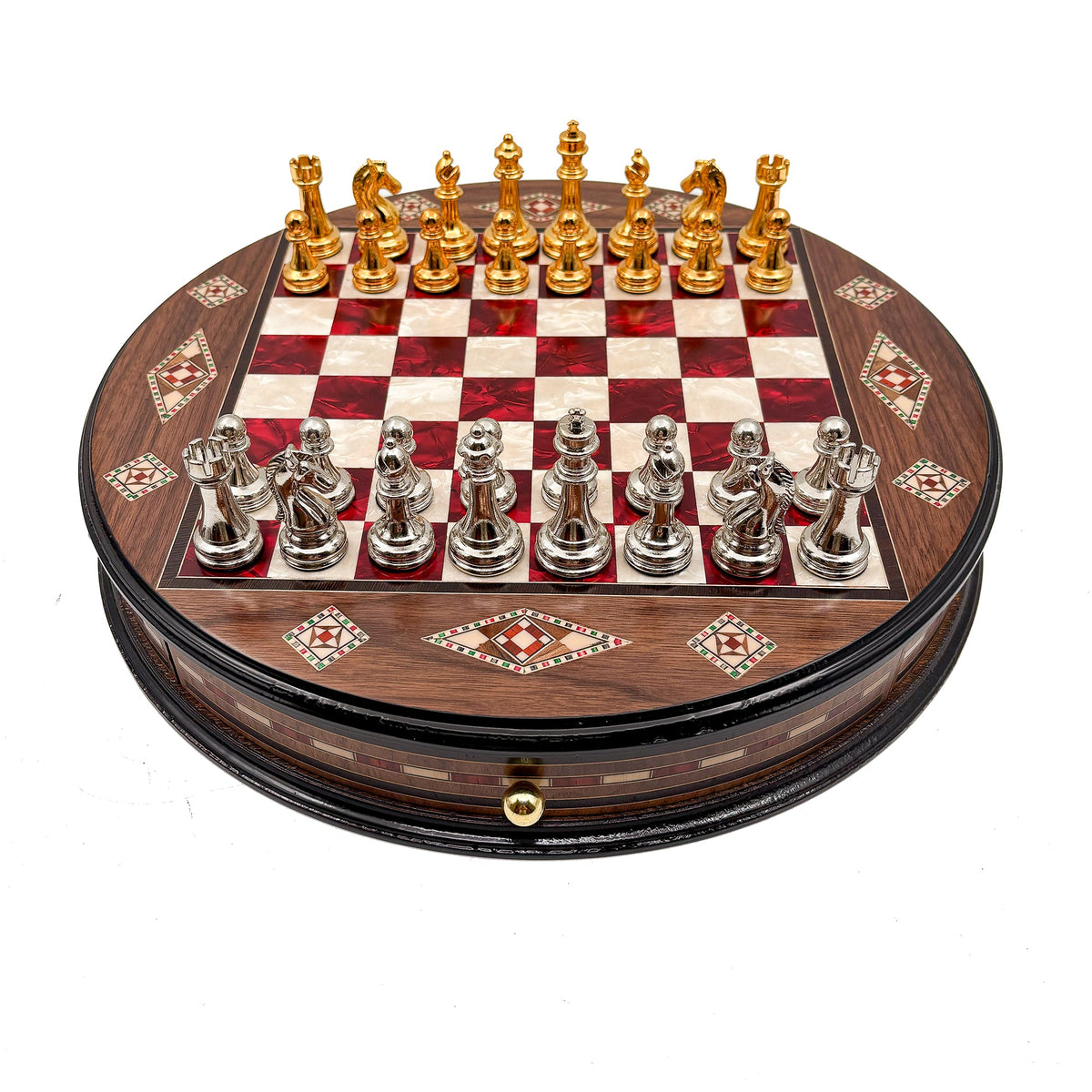 Luxury Round Rosewood & Walnut Chess Set With Metal Pieces My Chess Sets