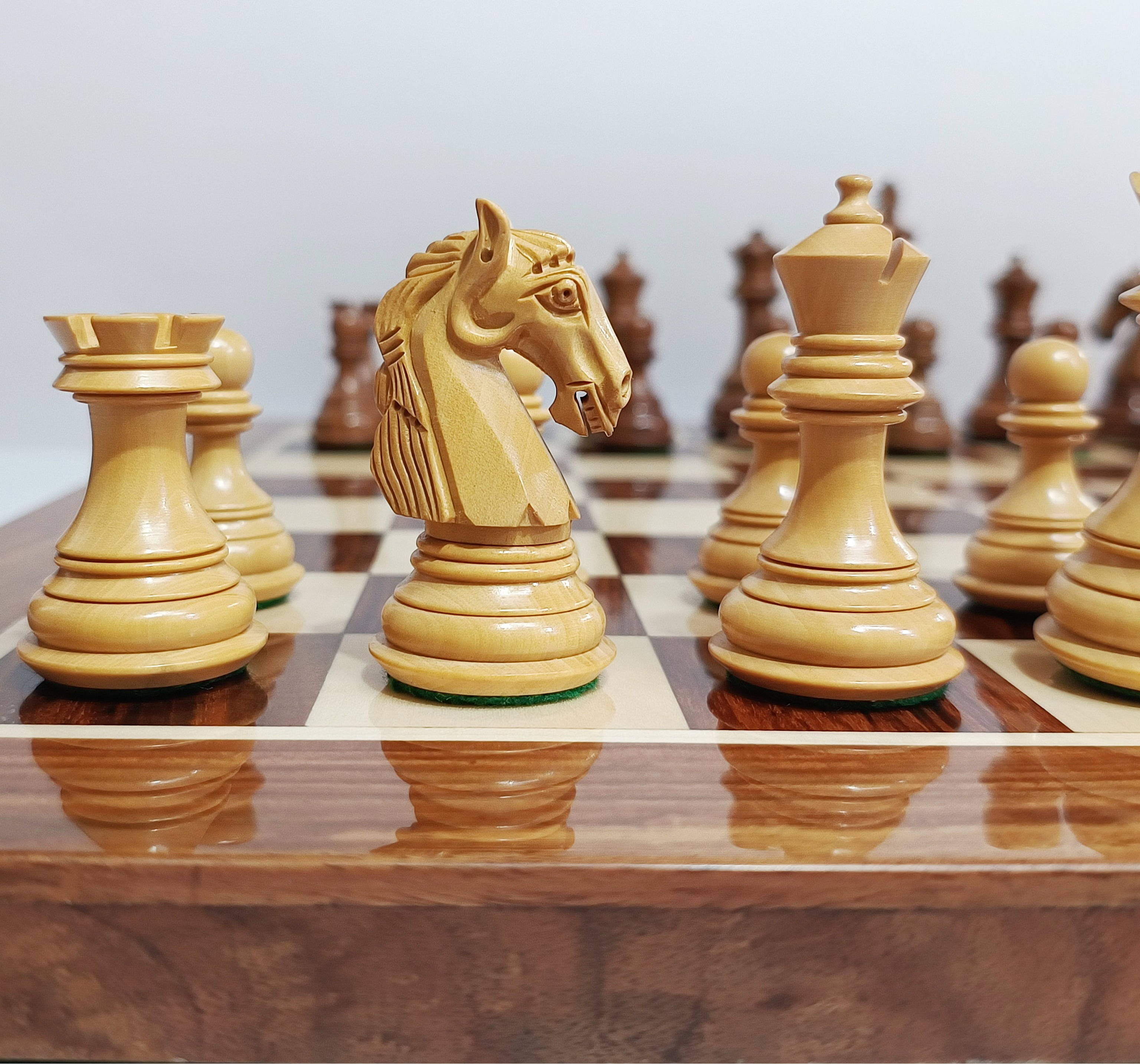 3.85” Professional Colombian Style Staunton Wooden Chess Set - Boxwood & Golden Rosewood with Golden Rosewood Board
