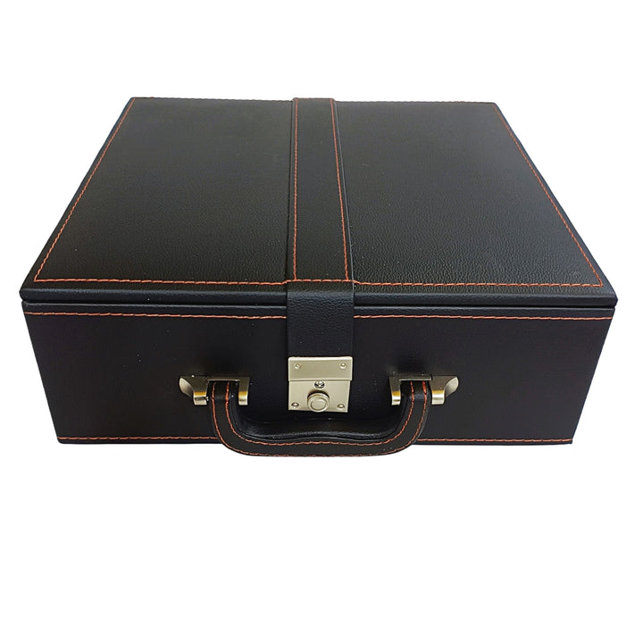 Leatherette chess storage box with dual tray design, black exterior, contrasting orange stitching, and handle.