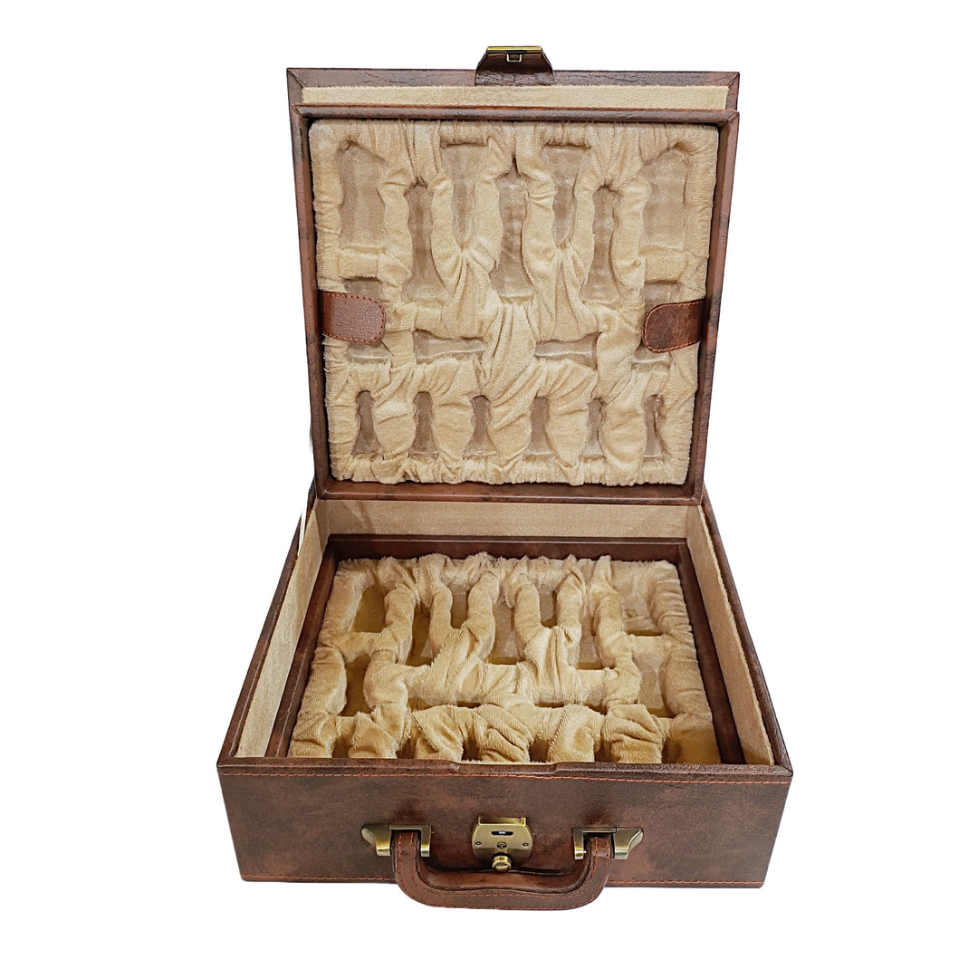 Open luxurious wooden chess box with plush interior, featuring slots to neatly store professional Staunton chess pieces.
