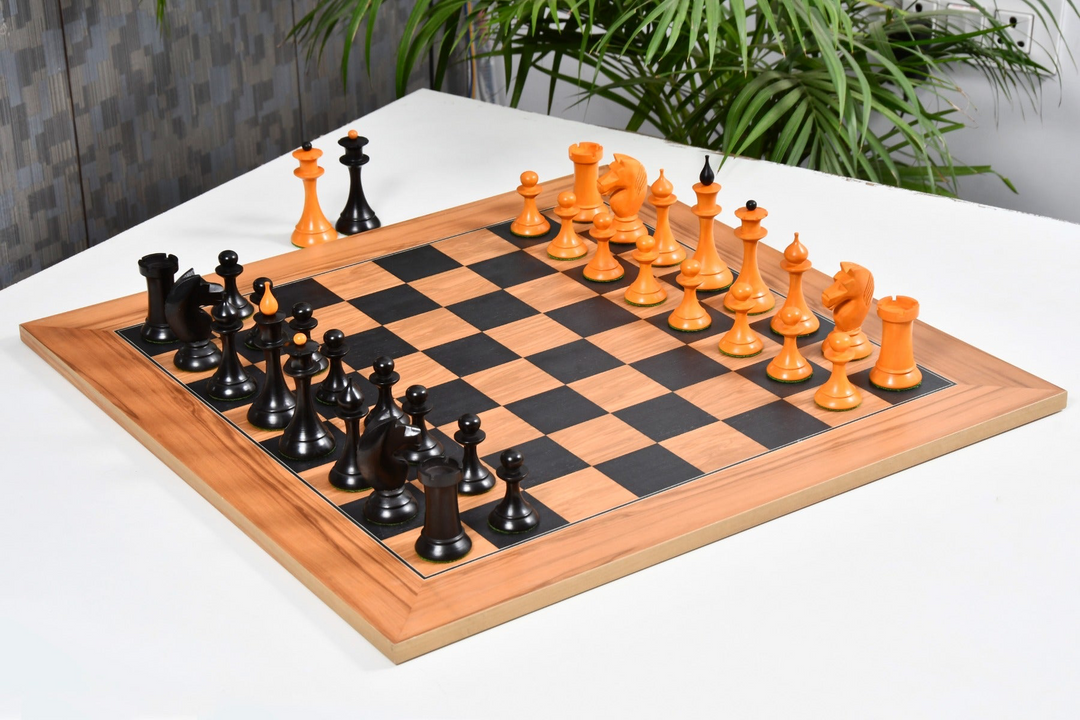 1950s Soviet Russian Latvian Reproduced Chess Pieces in Ebonized Boxwood / Antiqued Boxwood – 4.1” King With Chess Board My Chess Sets
