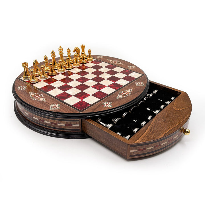 Luxury Round Rosewood & Walnut Chess Set With Metal Pieces My Chess Sets