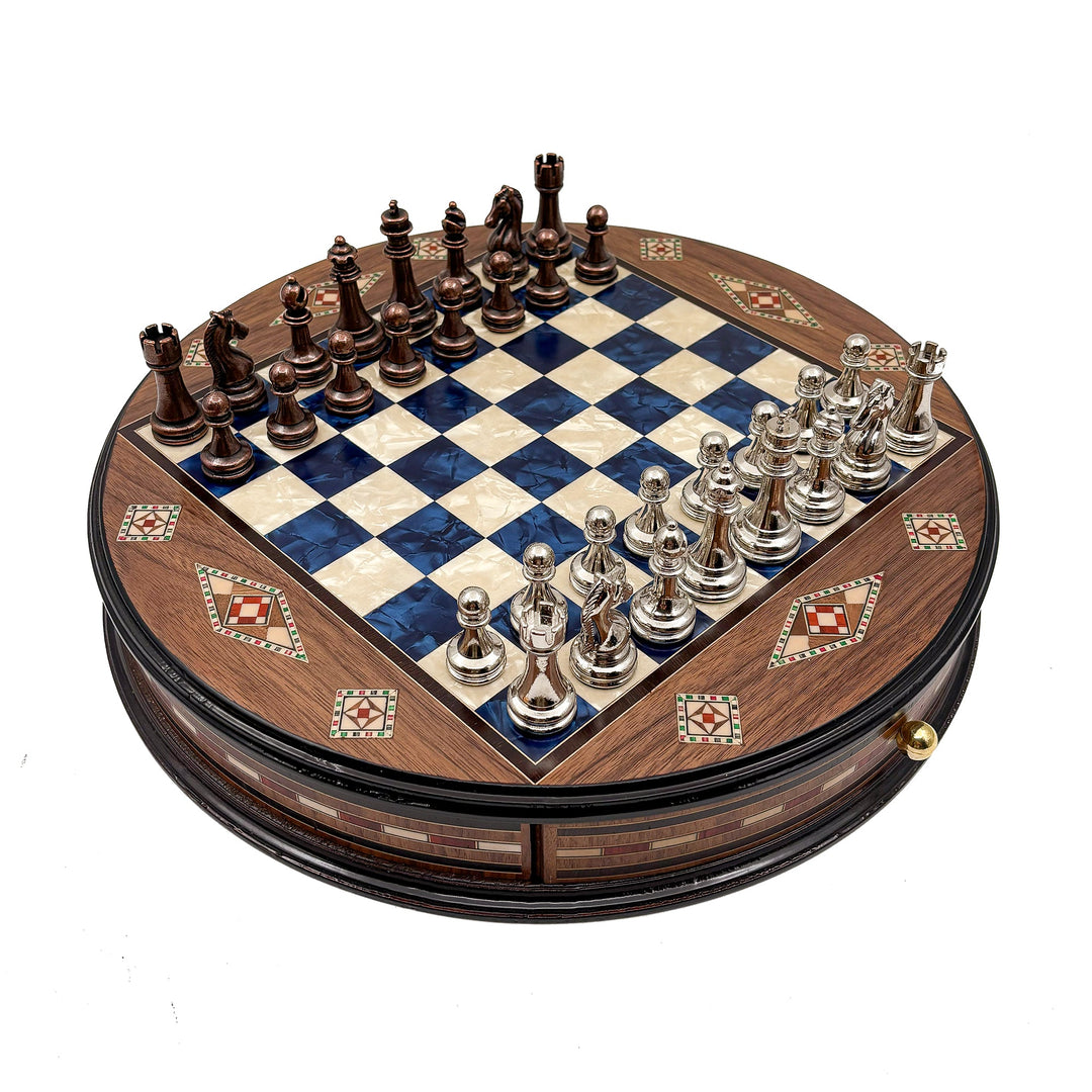 Luxury Round Rosewood & Walnut Chess Set With Metal Pieces My Chess Sets