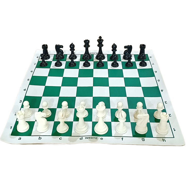 Tournament plastic chess set with 3.6" king height on green vinyl roll-up board, ideal for practice and tournaments.