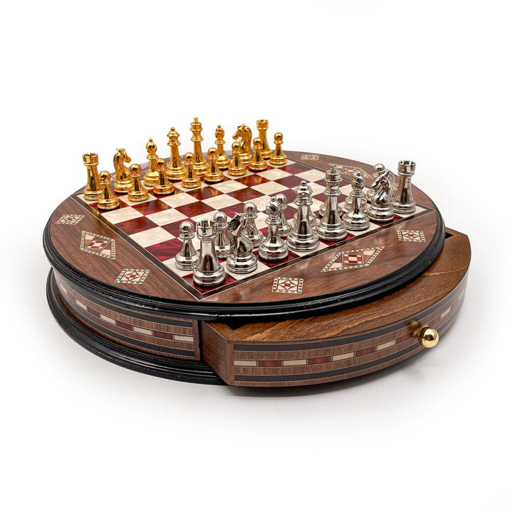 Luxury Round Rosewood & Walnut Chess Set With Metal Pieces My Chess Sets