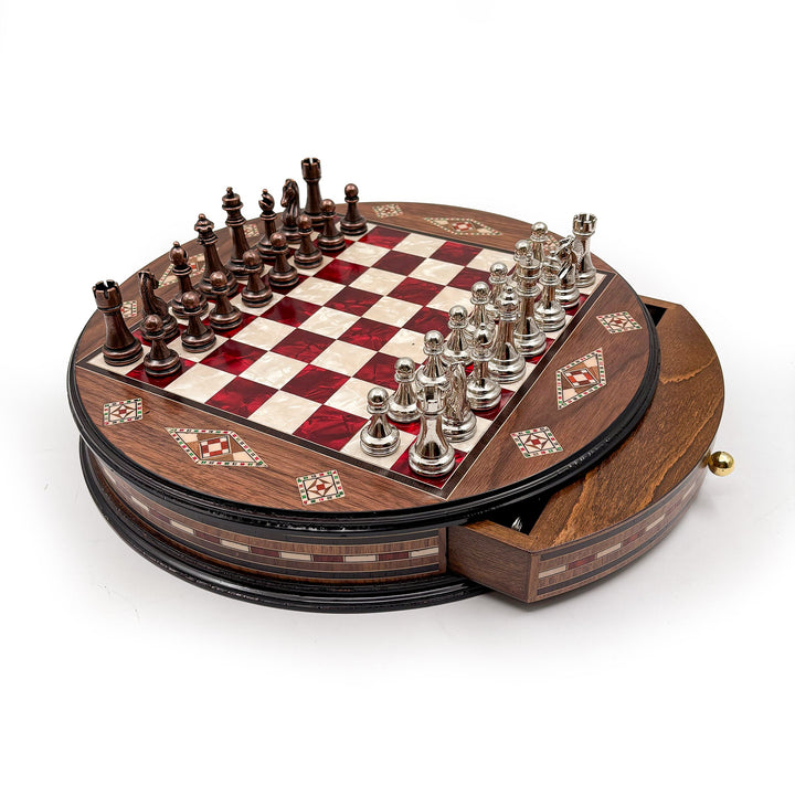 Luxury Round Rosewood & Walnut Chess Set With Metal Pieces My Chess Sets