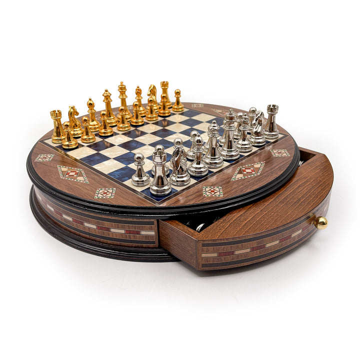 Luxury Round Rosewood & Walnut Chess Set With Metal Pieces My Chess Sets
