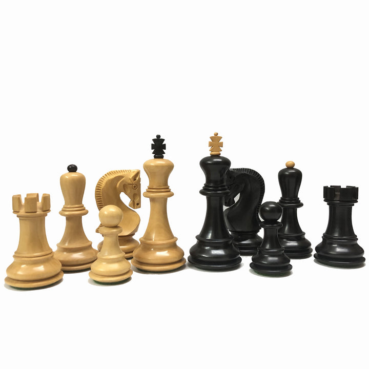 Luxury chess pieces set in boxwood and ebonized wood, featuring a 3.7 inch king and 2 extra queens.