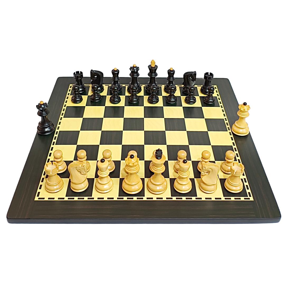 Russian Zagreb wooden chess set on a black and cream MDF board with pieces arranged for play.