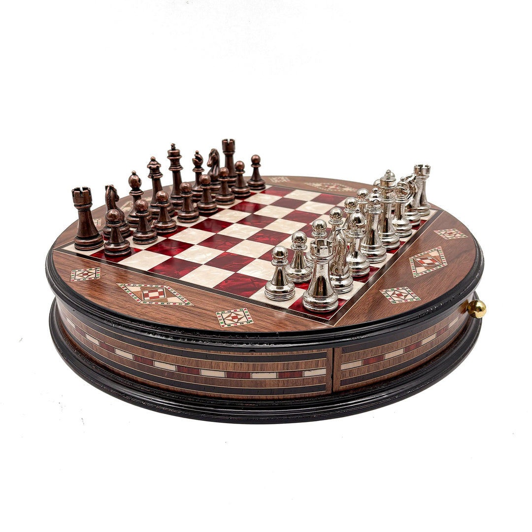 Luxury Round Rosewood & Walnut Chess Set With Metal Pieces My Chess Sets