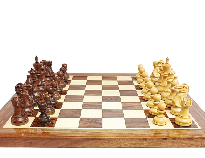 Wooden chess set with checkered board on a white background