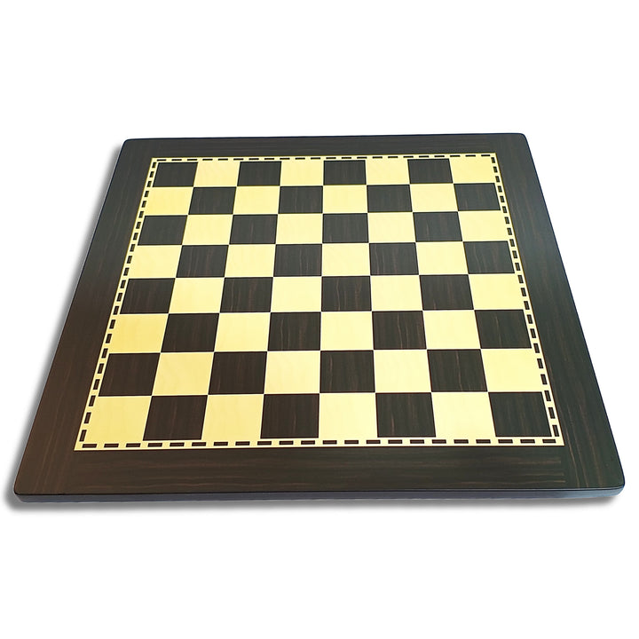 Hand crafted wooden chess board featuring acacia and ebony finish with smooth black and cream squares.