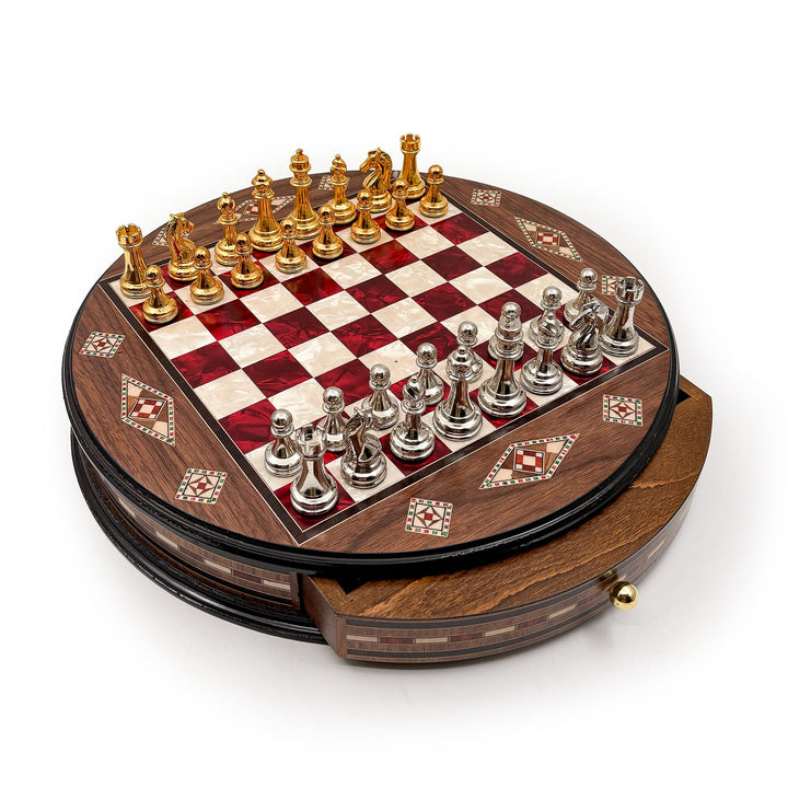 Luxury Round Rosewood & Walnut Chess Set With Metal Pieces My Chess Sets